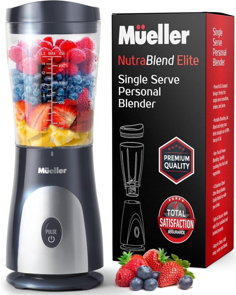 Mueller Personal Blender for Shakes and Smoothies with 15 Oz Travel Cup and Lid, Juices, Baby Food, Heavy-Duty Portable Blender Food Processor, Grey Mueller Personal Blender for Shakes and Smoothies with 15 Oz Travel Cup and Lid, Juices, Baby Food, Heavy-Duty Portable Blender Food Processor, Grey