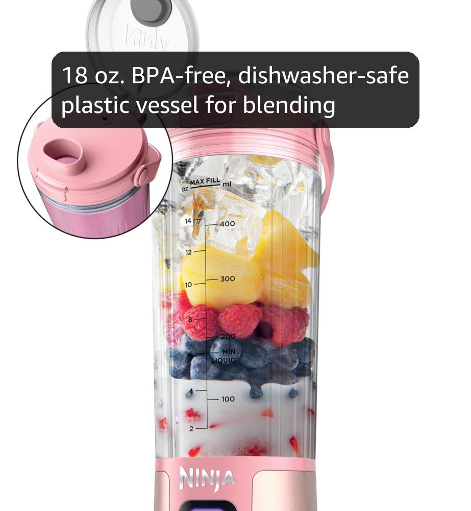 Ninja Blast Portable Blender, Cordless, 18oz. Vessel, Personal Blender For-Shakes and Smoothies, BPA Free, Leakproof-Lid and Sip Spout, USB-C Rechargeable, Dishwasher Safe Parts, Tinted Pink, BC151PK Ninja Blast Portable Blender, Cordless, 18oz. Vessel, Personal Blender For-Shakes and Smoothies, BPA Free, Leakproof-Lid and Sip Spout, USB-C Rechargeable, Dishwasher Safe Parts, Tinted Pink, BC151PK