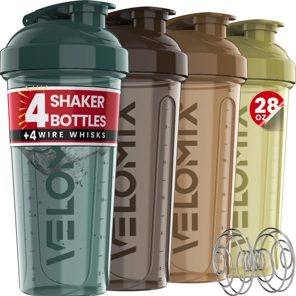 VELOMIX -4 Pack- oz Protein Shaker Bottles for Protein Mixes - 4x Wire Whisk | Leak Proof Shaker Cups for Protein Shakes | Stackable Protein Shaker Bottle Pack (Silver Mix) VELOMIX -4 Pack- oz Protein Shaker Bottles for Protein Mixes - 4x Wire Whisk | Leak Proof Shaker Cups for Protein Shakes | Stackable Protein Shaker Bottle Pack (Silver Mix)