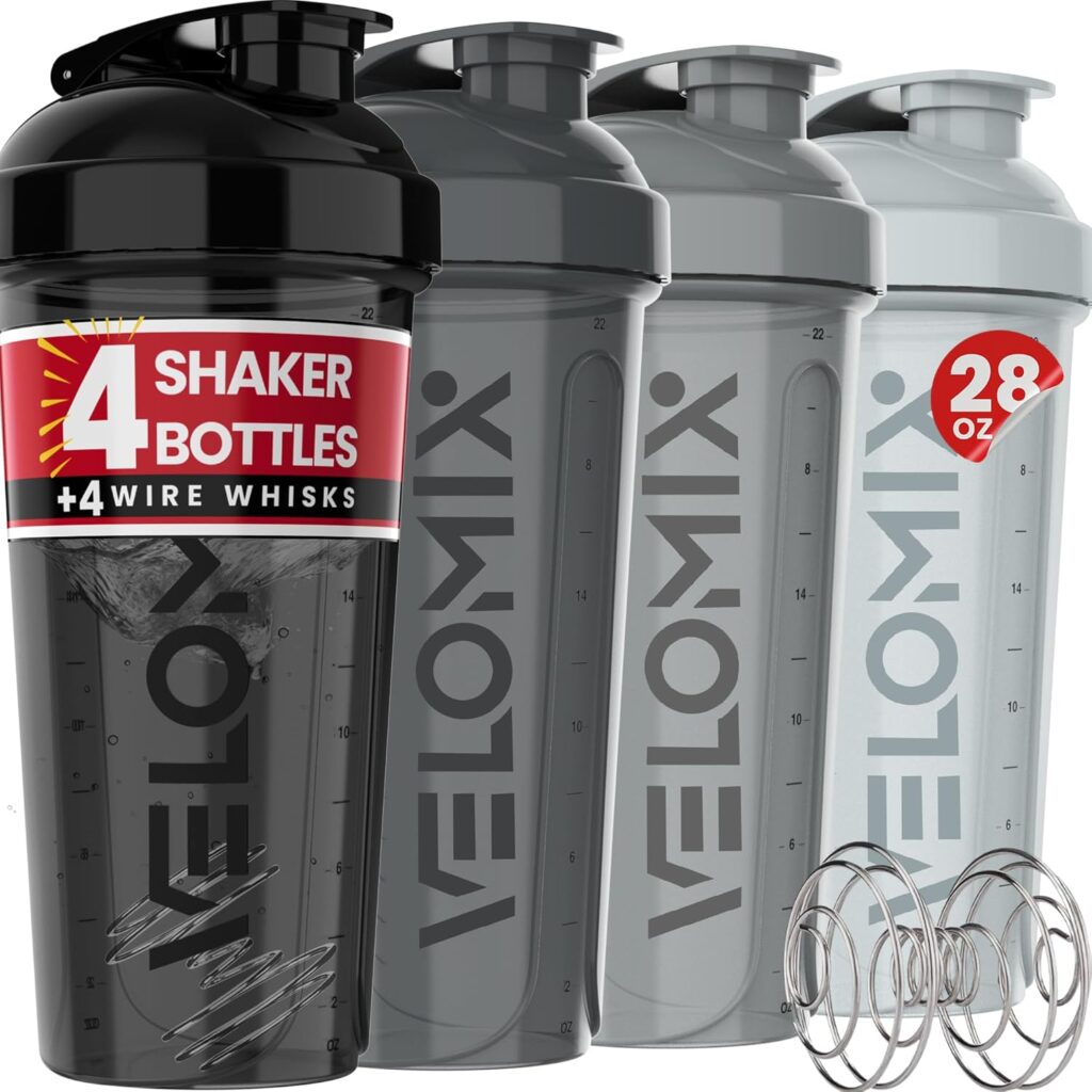 VELOMIX -4 Pack- oz Protein Shaker Bottles for Protein Mixes - 4x Wire Whisk | Leak Proof Shaker Cups for Protein Shakes | Stackable Protein Shaker Bottle Pack (Silver Mix) VELOMIX -4 Pack- oz Protein Shaker Bottles for Protein Mixes - 4x Wire Whisk | Leak Proof Shaker Cups for Protein Shakes | Stackable Protein Shaker Bottle Pack (Silver Mix)
