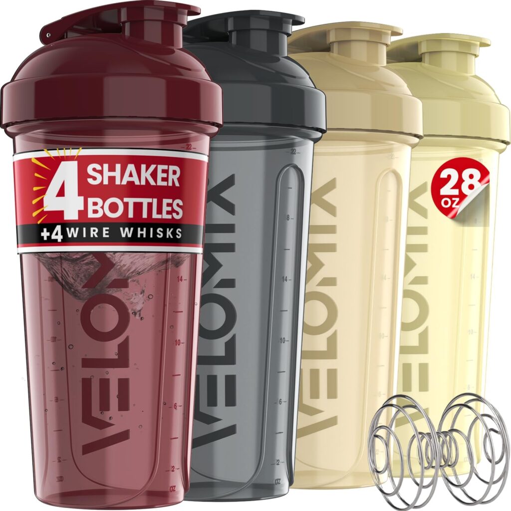 VELOMIX -4 Pack- oz Protein Shaker Bottles for Protein Mixes - 4x Wire Whisk | Leak Proof Shaker Cups for Protein Shakes | Stackable Protein Shaker Bottle Pack (Silver Mix) VELOMIX -4 Pack- oz Protein Shaker Bottles for Protein Mixes - 4x Wire Whisk | Leak Proof Shaker Cups for Protein Shakes | Stackable Protein Shaker Bottle Pack (Silver Mix)