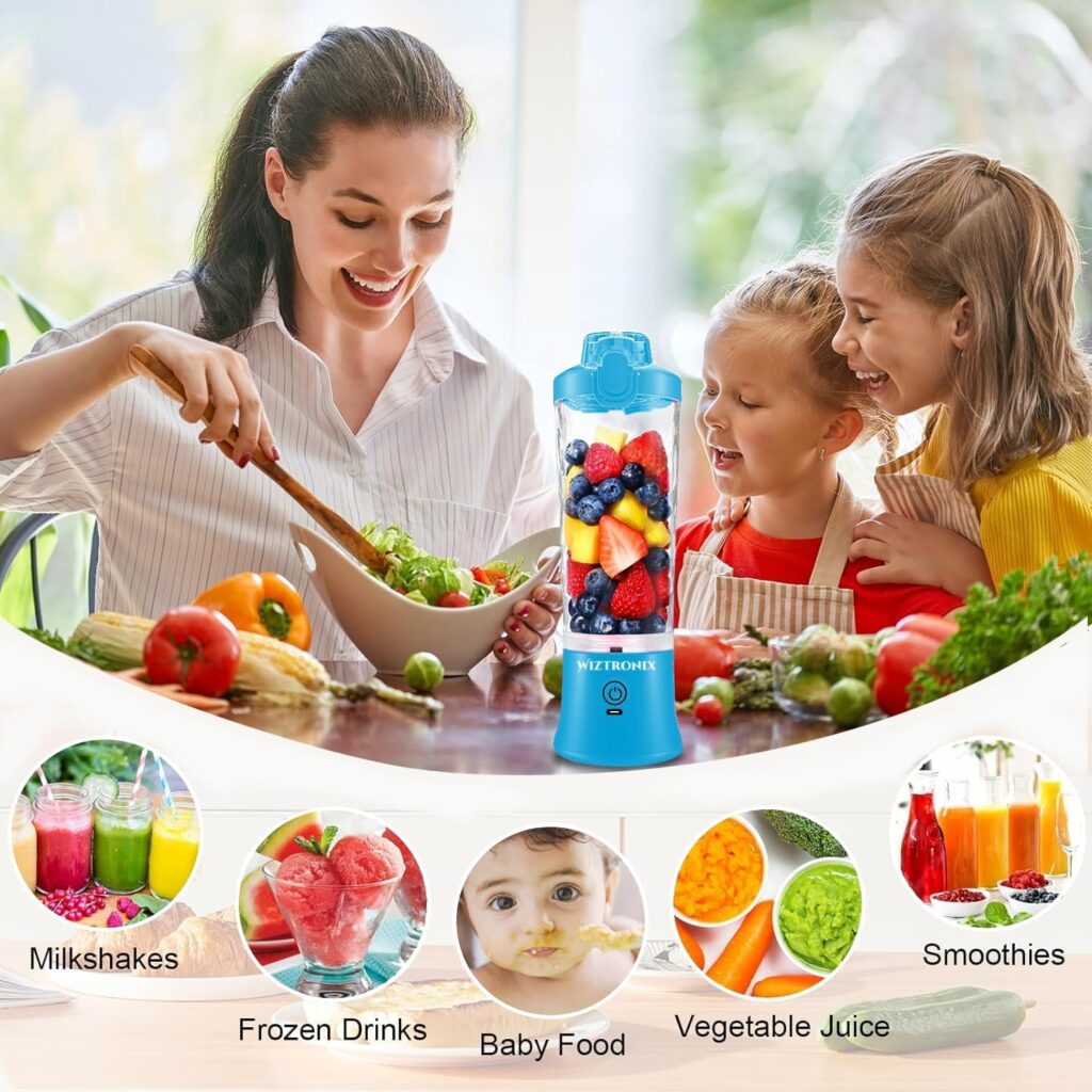 Cordless 21oz Portable Blender BPA Free With Personal Blender Cup, Best For Smoothie, Shakes, and Cocktails, With Durable Stainless Steel Blades, USB-C Rechargeable in Blue By WIZTRONIX Cordless 21oz Portable Blender BPA Free With Personal Blender Cup, Best For Smoothie, Shakes, and Cocktails, With Durable Stainless Steel Blades, USB-C Rechargeable in Blue By WIZTRONIX