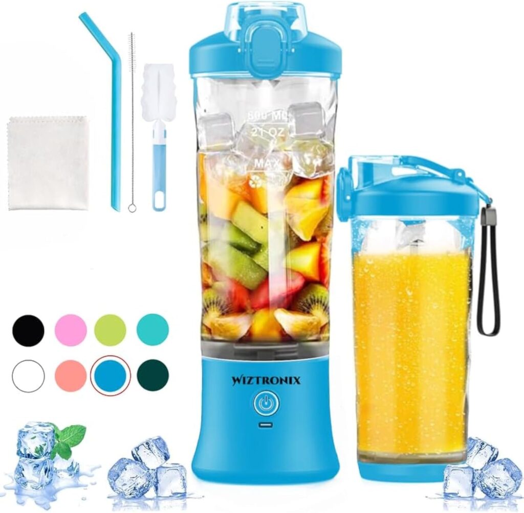 Cordless 21oz Portable Blender BPA Free With Personal Blender Cup, Best For Smoothie, Shakes, and Cocktails, With Durable Stainless Steel Blades, USB-C Rechargeable in Blue By WIZTRONIX Cordless 21oz Portable Blender BPA Free With Personal Blender Cup, Best For Smoothie, Shakes, and Cocktails, With Durable Stainless Steel Blades, USB-C Rechargeable in Blue By WIZTRONIX