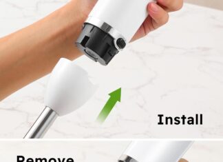 Sangcon Immersion Blender Handheld, 3-in-1 Hand Blender Electric, 400W Handheld Blender, Stainless Steel Blade Stick Blender with Whisk, Milk Frother Attachments – White