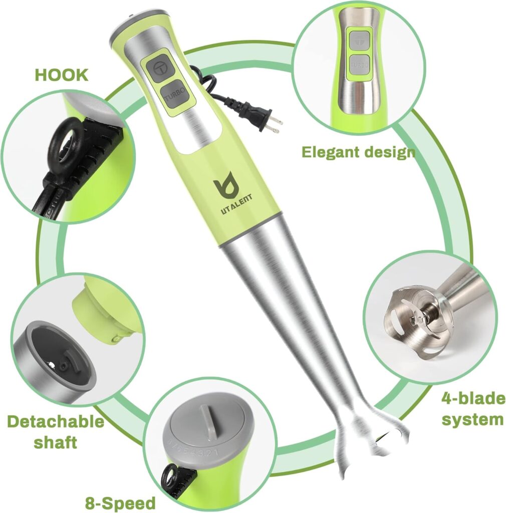 Immersion Hand Blender, UTALENT 5-in-1 8-Speed Stick Blender with 500ml Food Grinder, BPA-Free, 600ml Container,Milk Frother,Egg Whisk,Puree Infant Food, Smoothies, Sauces and Soups - Green Immersion Hand Blender, UTALENT 5-in-1 8-Speed Stick Blender with 500ml Food Grinder, BPA-Free, 600ml Container,Milk Frother,Egg Whisk,Puree Infant Food, Smoothies, Sauces and Soups - Green