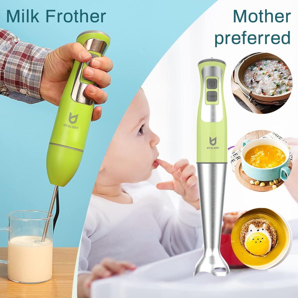 Immersion Hand Blender, UTALENT 5-in-1 8-Speed Stick Blender with 500ml Food Grinder, BPA-Free, 600ml Container,Milk Frother,Egg Whisk,Puree Infant Food, Smoothies, Sauces and Soups - Green Immersion Hand Blender, UTALENT 5-in-1 8-Speed Stick Blender with 500ml Food Grinder, BPA-Free, 600ml Container,Milk Frother,Egg Whisk,Puree Infant Food, Smoothies, Sauces and Soups - Green