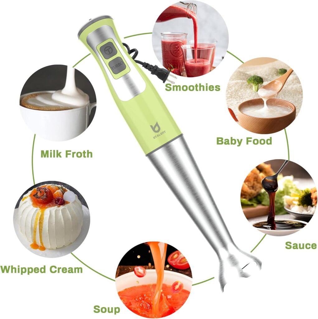 Immersion Hand Blender, UTALENT 5-in-1 8-Speed Stick Blender with 500ml Food Grinder, BPA-Free, 600ml Container,Milk Frother,Egg Whisk,Puree Infant Food, Smoothies, Sauces and Soups - Green Immersion Hand Blender, UTALENT 5-in-1 8-Speed Stick Blender with 500ml Food Grinder, BPA-Free, 600ml Container,Milk Frother,Egg Whisk,Puree Infant Food, Smoothies, Sauces and Soups - Green