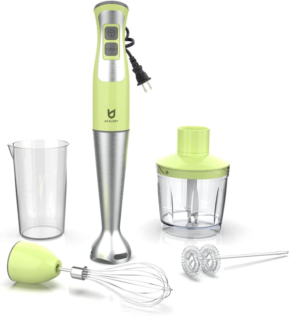 Immersion Hand Blender, UTALENT 5-in-1 8-Speed Stick Blender with 500ml Food Grinder, BPA-Free, 600ml Container,Milk Frother,Egg Whisk,Puree Infant Food, Smoothies, Sauces and Soups - Green Immersion Hand Blender, UTALENT 5-in-1 8-Speed Stick Blender with 500ml Food Grinder, BPA-Free, 600ml Container,Milk Frother,Egg Whisk,Puree Infant Food, Smoothies, Sauces and Soups - Green