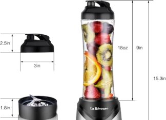 La Reveuse Smoothie Blender Personal Size 300 Watts with 2 Pieces 18 oz BPA-Free Travel Sports Bottles (Silver)