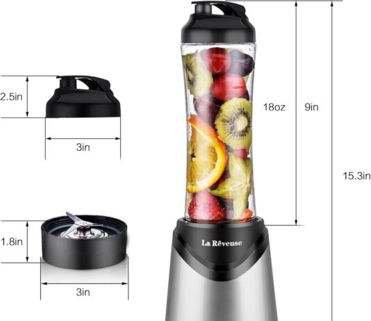 La Reveuse Smoothie Blender Personal Size 300 Watts with 2 Pieces 18 oz BPA-Free Travel Sports Bottles (Silver)