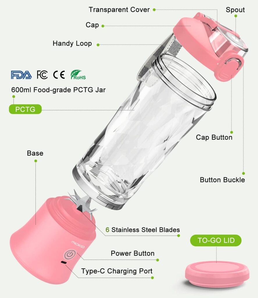 MoKo Portable Blender, Watt Personal Blender for Shakes and Smoothies,21OZ Personal Blender USB Rechargeable with Blades, BRA Free, Smoothie Blender for Kitchen Sports Travel and Outdoors, Pink MoKo Portable Blender, Watt Personal Blender for Shakes and Smoothies,21OZ Personal Blender USB Rechargeable with Blades, BRA Free, Smoothie Blender for Kitchen Sports Travel and Outdoors, Pink